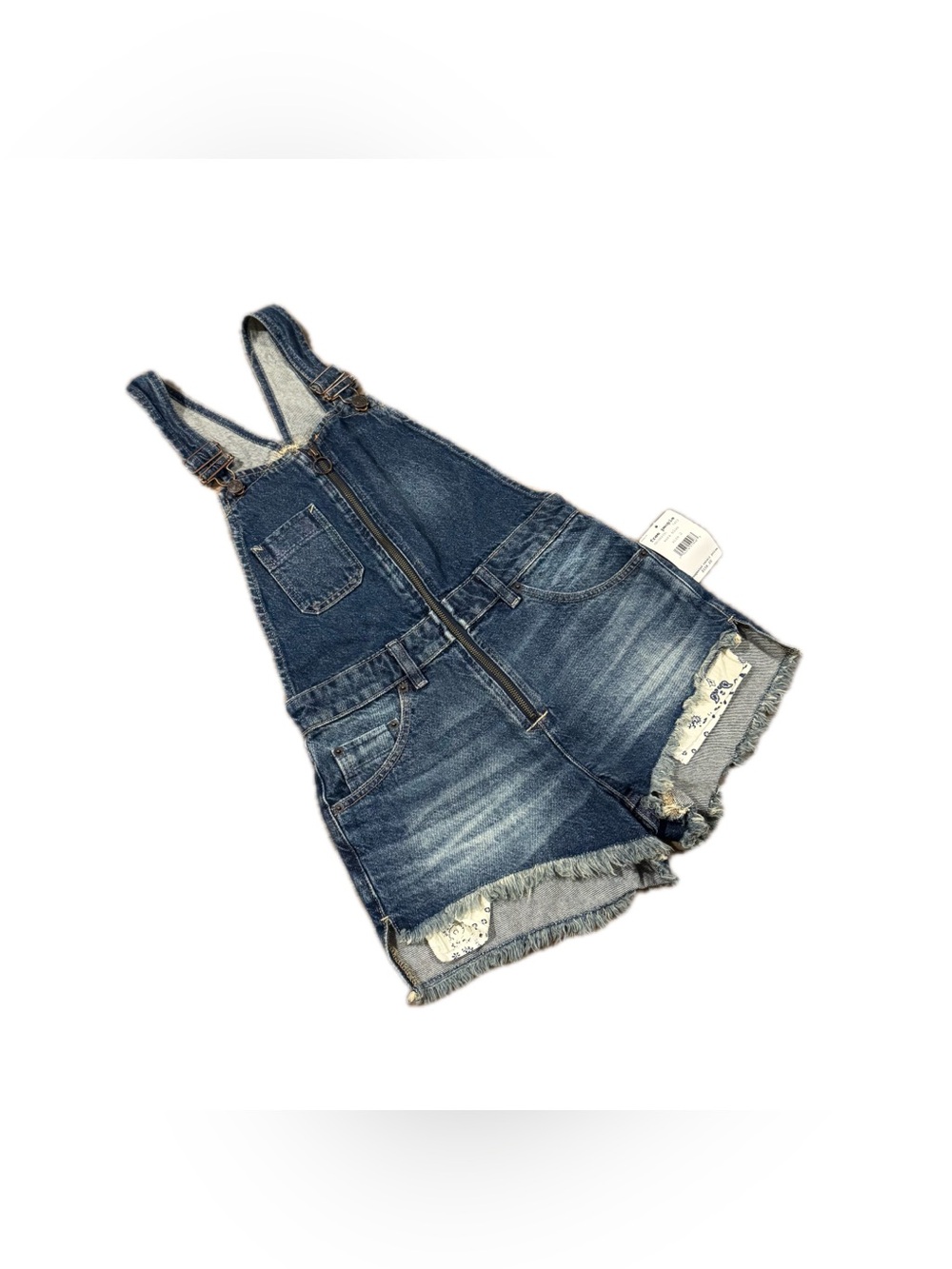 Free People Women's Aura Blue Overall Shorts Size 2 Raw Hem Distressed Denim NWT